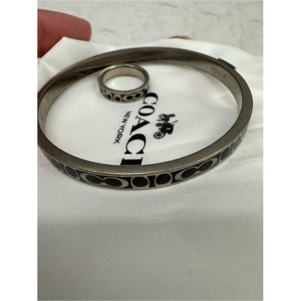COACH Black Enamel Signature C Bangle Bracelet & Ring Set 6.5 with Dust Bag